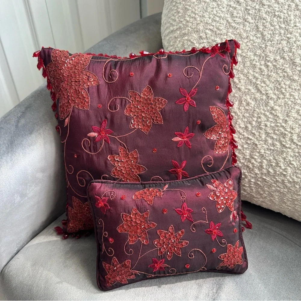 Vintage Burgundy Beaded Floral Pillow Set 2pc Boho Glam Decor 11” 6x8